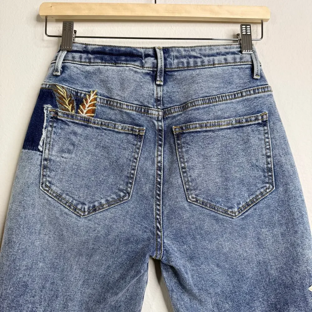 Driftwood x Free People jeans floral embroidery patchwork ankle pants boho 24